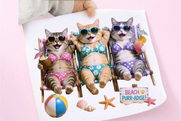 Beach Cats PNG: Funny Cat in Bikini & Sunglasses Design