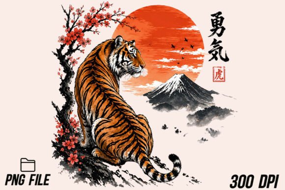 Unleashing the Spirit of the East: Japanese Tiger Sunset Art PNG